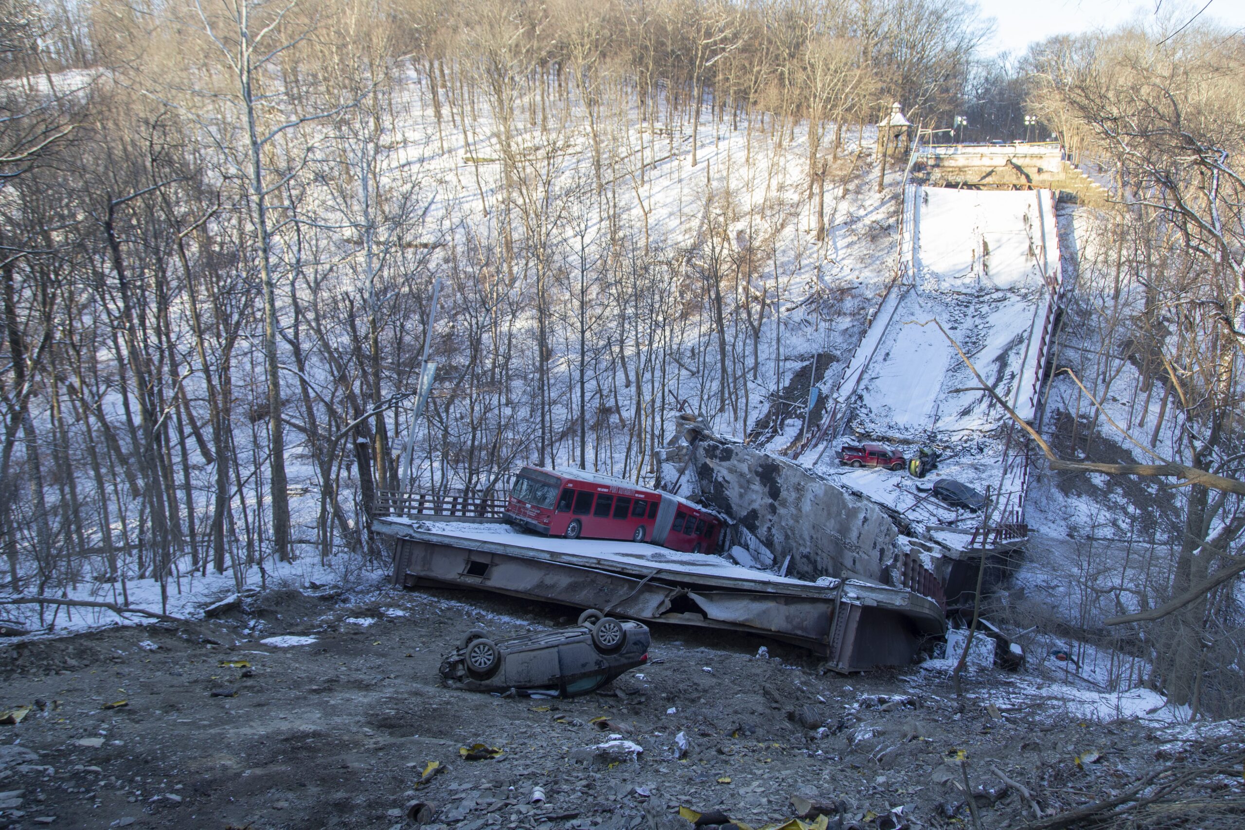 The collapsed Fern Hollow Bridge in Pittsburgh